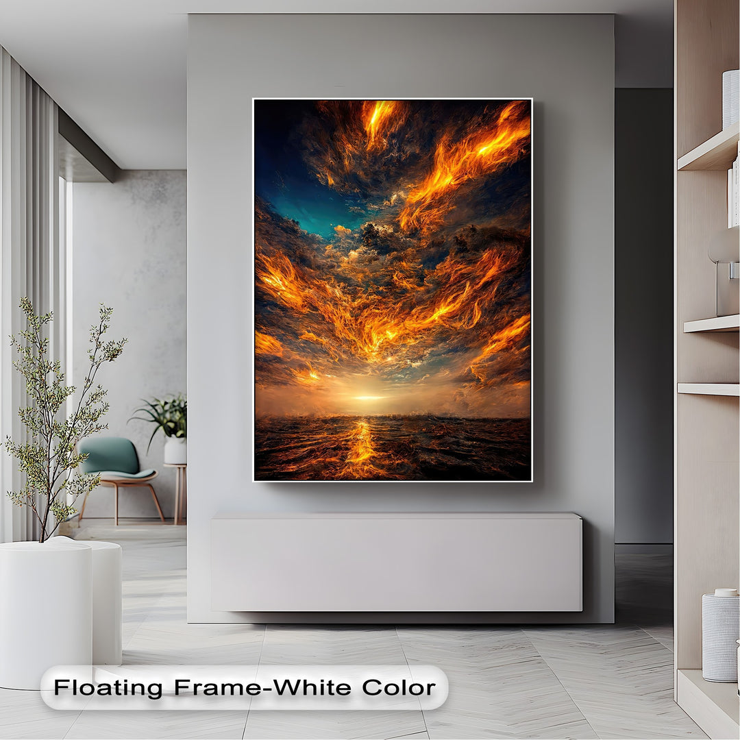 The brightest area, a glowing horizon reflecting on dark ocean waves, is enveloped by dramatic fiery orange clouds on this framed canvas art.