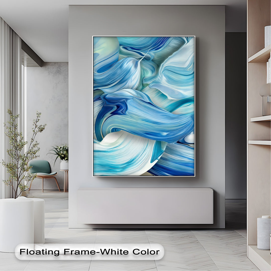 Cool color temperature emanates from this abstract ocean wave canvas artwork, featuring swirling azure, indigo, and bright white tones.