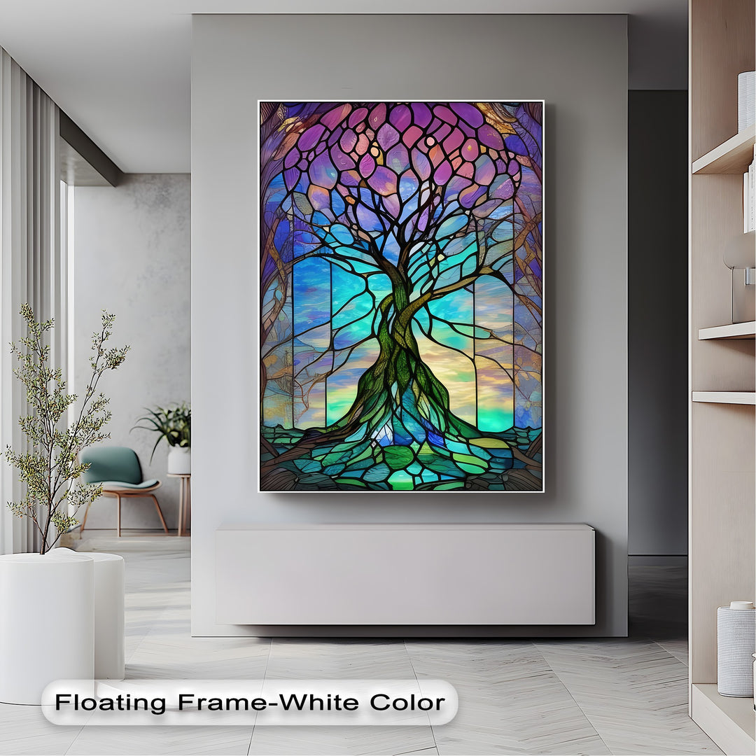 The vibrant purples, blues, and greens of this stained glass tree canvas wall art create a stunning and rich color contrast.