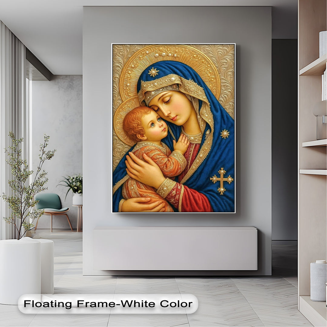 A radiant golden halo illuminates the serene Madonna and Child on a detailed framed canvas, offering Christian religious wall art.