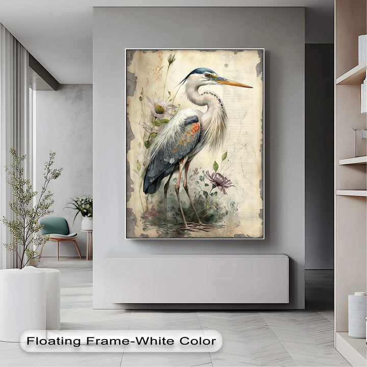 Graceful Heron Amid Wildflowers – Vintage Nature Canvas Print - MyPhotoStation