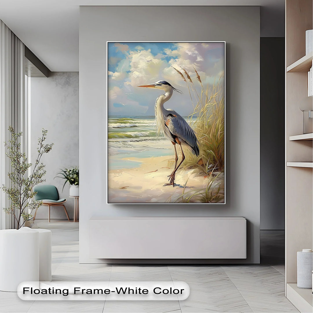 Coastal Grace – Majestic Heron by the Shore Canvas Print - MyPhotoStation