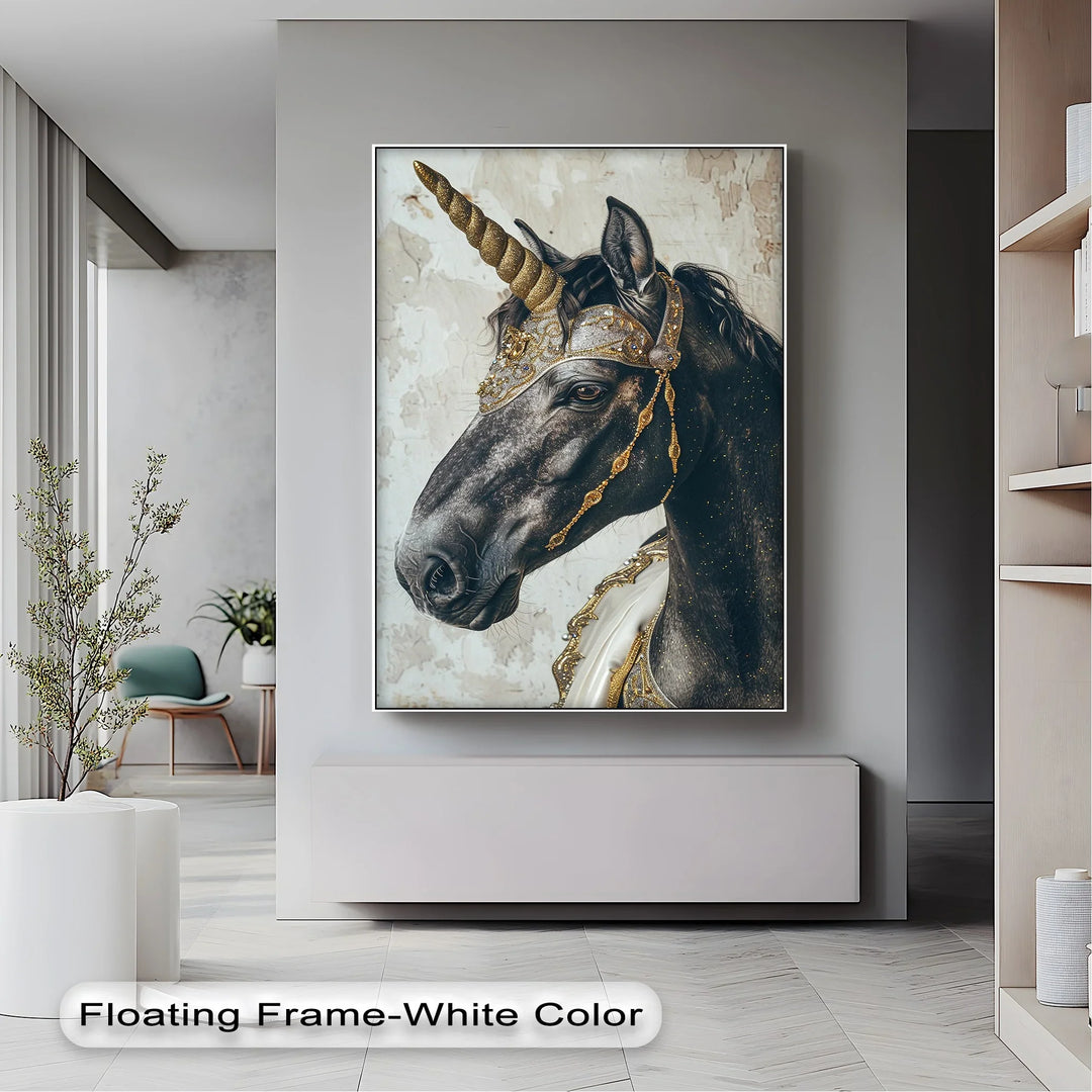 Regal Black Unicorn with Golden Armor – Fantasy Animal Canvas Print - MyPhotoStation