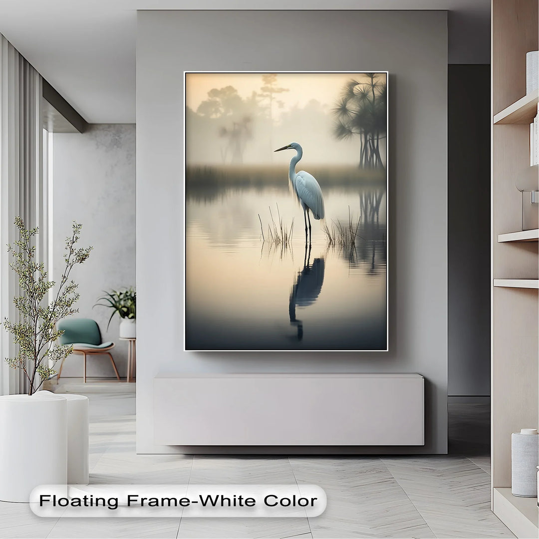Misty Morning Heron – Serene Lakeside Reflection Canvas Print - MyPhotoStation