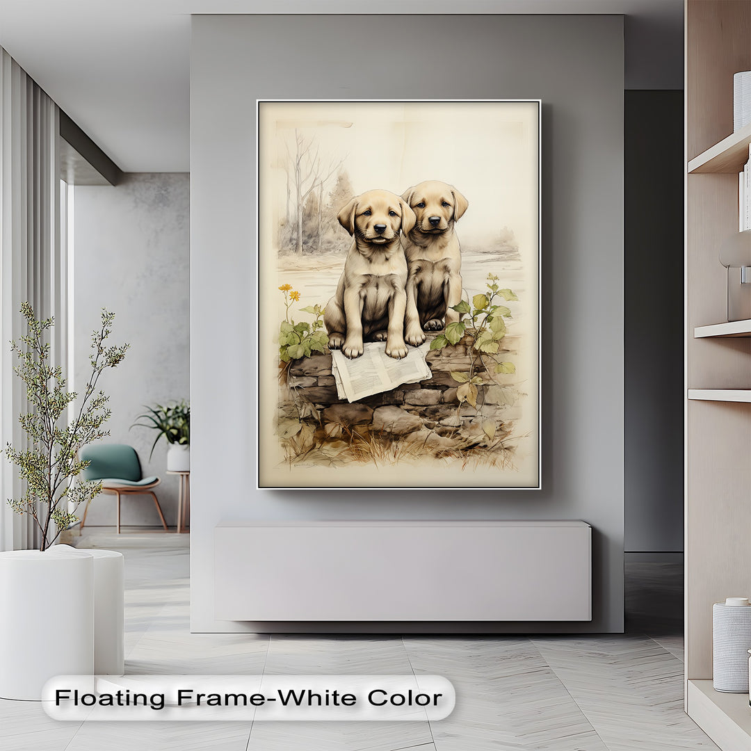 Stone Wall Puppies – Vintage Nature Scene Puppies Canvas Print
