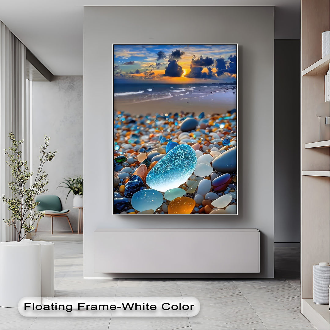 The dominant color scheme showcases a vibrant blue sea glass beach and coastal sunset on a stunning big canvas print wall art.
