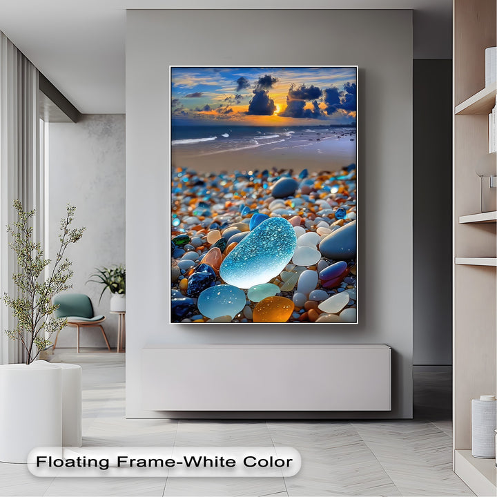 The dominant color scheme showcases a vibrant blue sea glass beach and coastal sunset on a stunning big canvas print wall art.