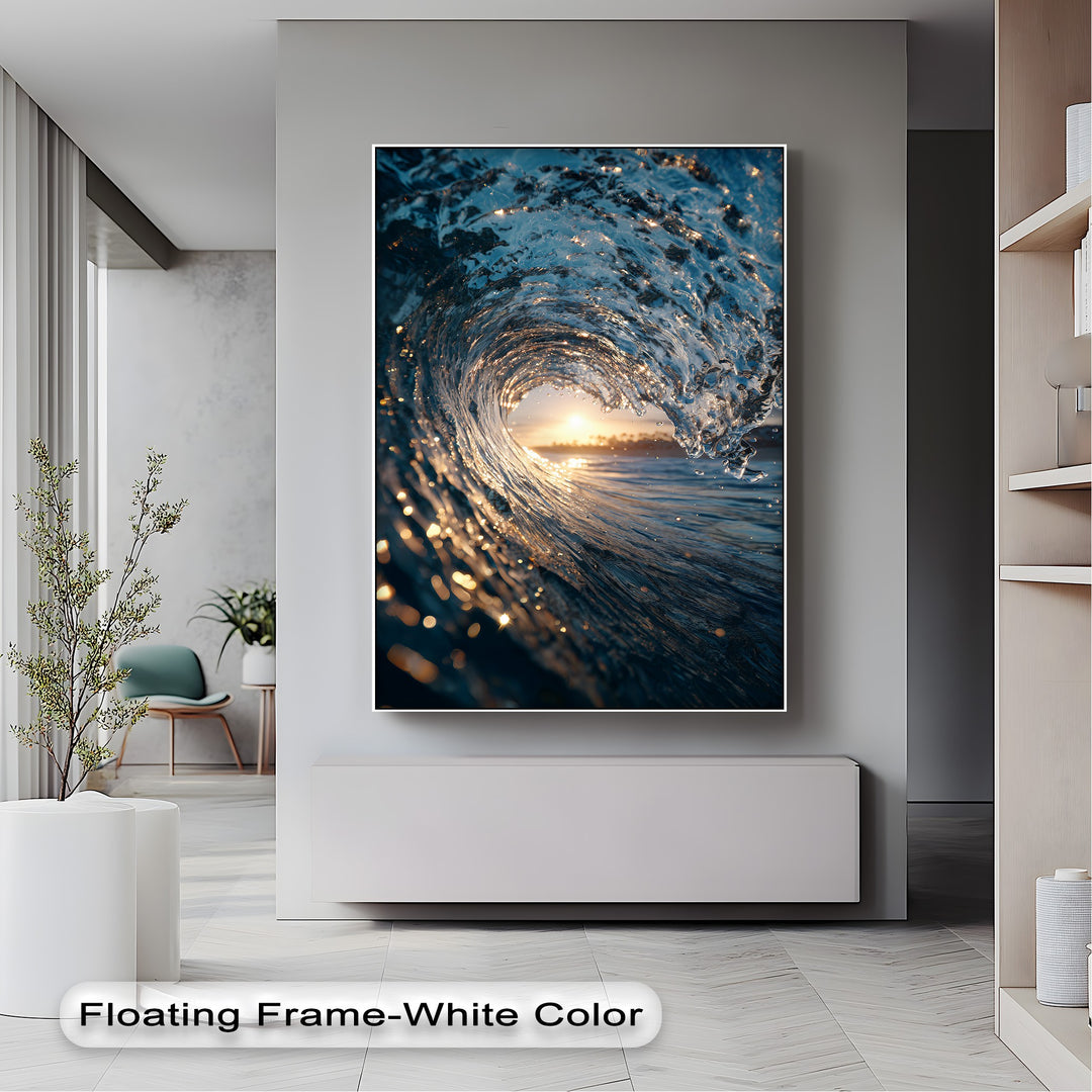The serene moment of a curling azure ocean wave capturing a golden sunset within, creating a tranquil canvas art print of a magnificent seascape.
