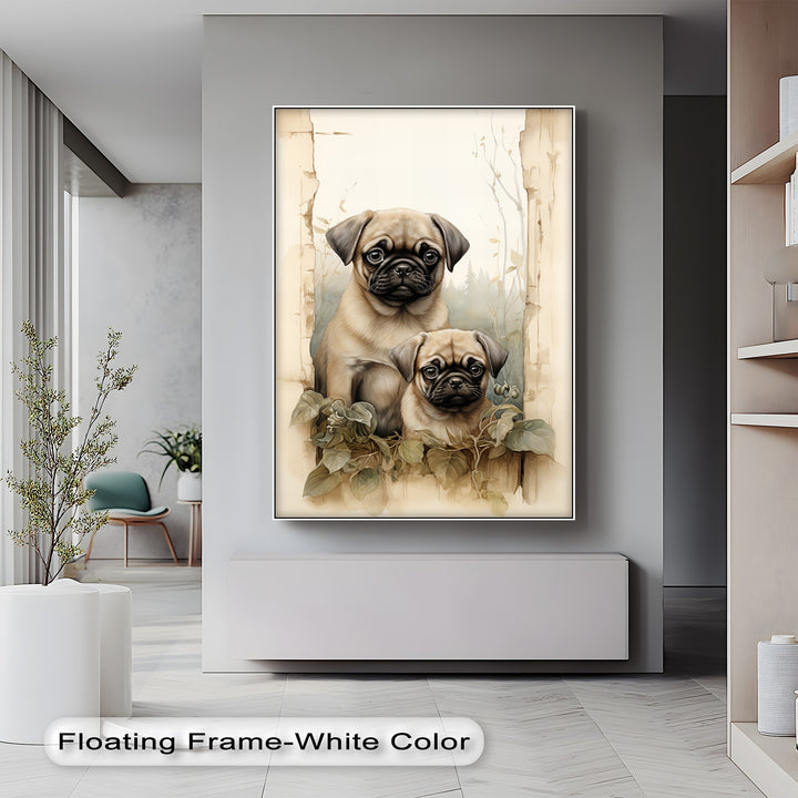 Twin Pug Companions – Vintage Botanical Style Puppies Canvas Print