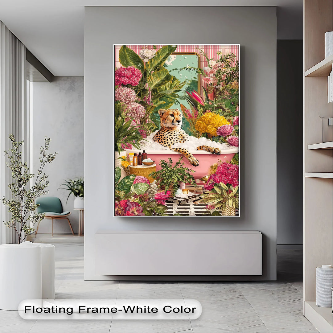 Cheetah in Pink Bathtub – Whimsical Jungle-Inspired Canvas Print - MyPhotoStation