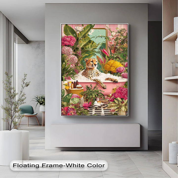Cheetah in Pink Bathtub – Whimsical Jungle-Inspired Canvas Print - MyPhotoStation