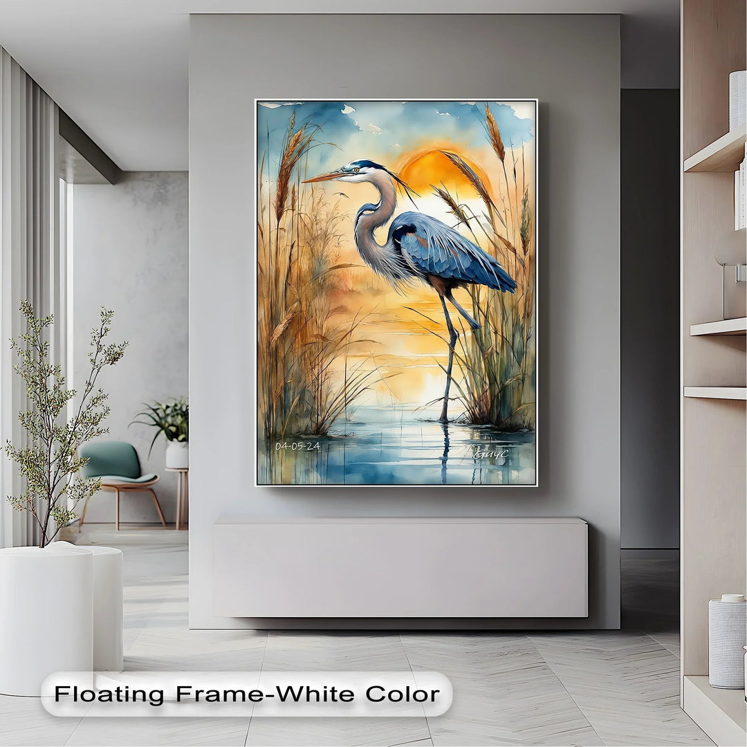 Majestic Blue Heron at Sunset – Serene Waterscape Canvas Print - MyPhotoStation