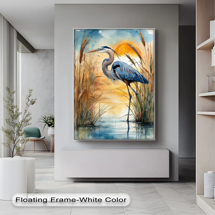 Majestic Blue Heron at Sunset – Serene Waterscape Canvas Print - MyPhotoStation