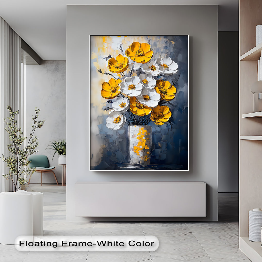 Sunlit Elegance – Yellow and White Poppies in Vase Canvas Print