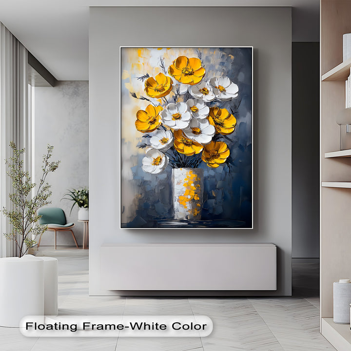 Sunlit Elegance – Yellow and White Poppies in Vase Canvas Print