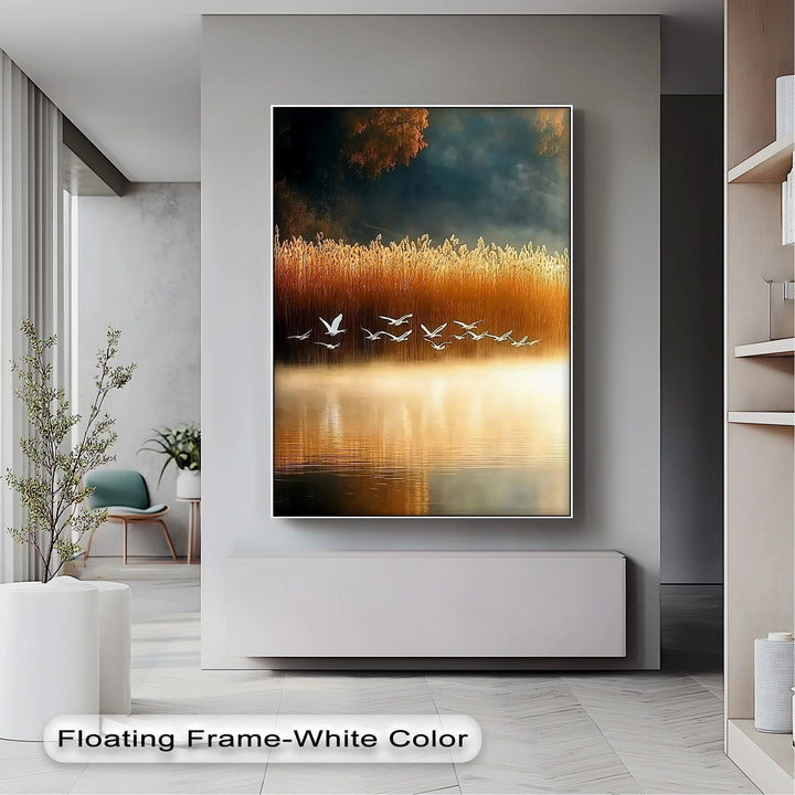 Golden Flight – Tranquil Birds at Sunset Canvas Print - MyPhotoStation