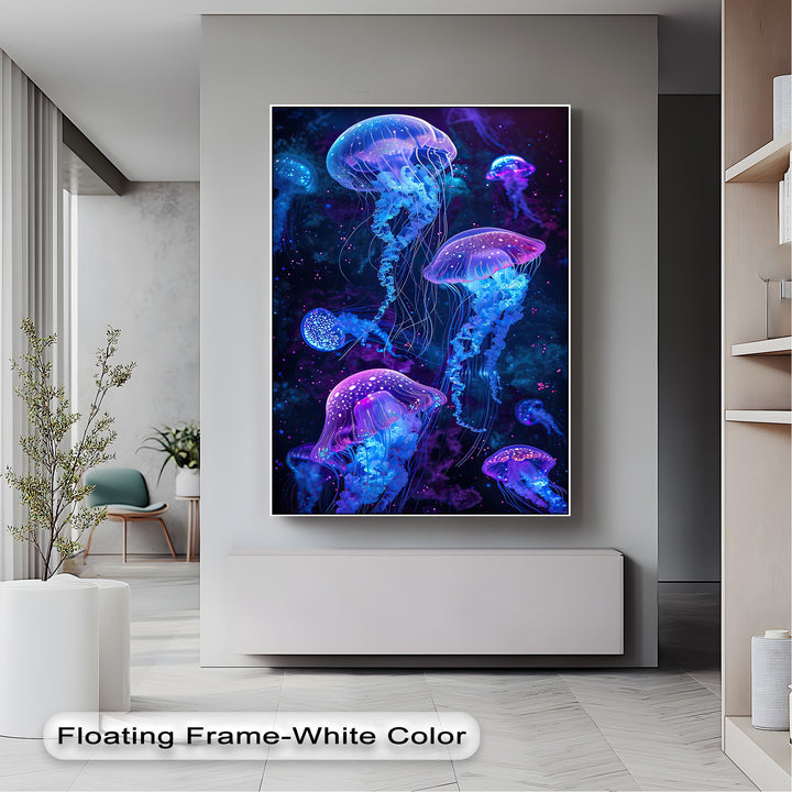 The breathtakingly vibrant neon jellyfish canvas wall art, with its glowing blue and purple tones, is the striking centerpiece of the room.