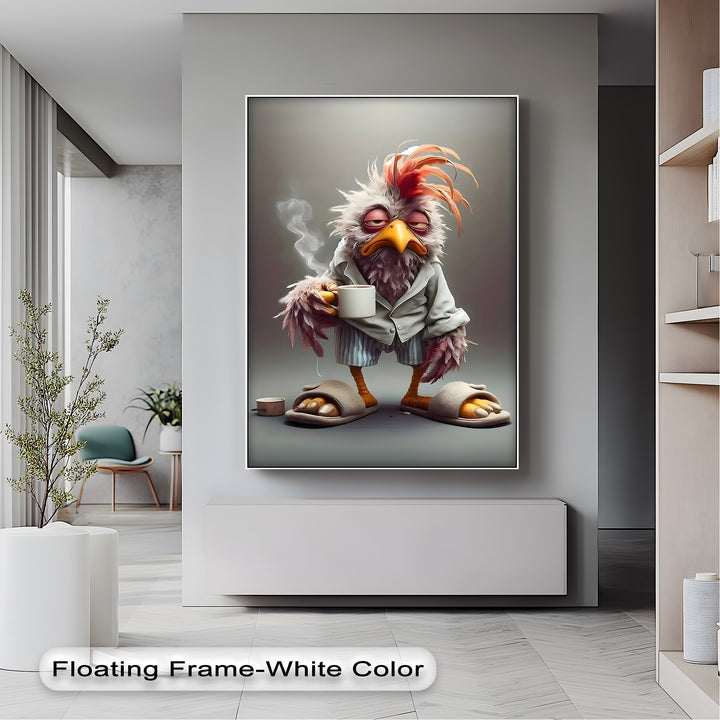 The fluffy feathers and cozy slippers of the grumpy bird are the softest elements of this unique canvas print, a funny coffee wall art.