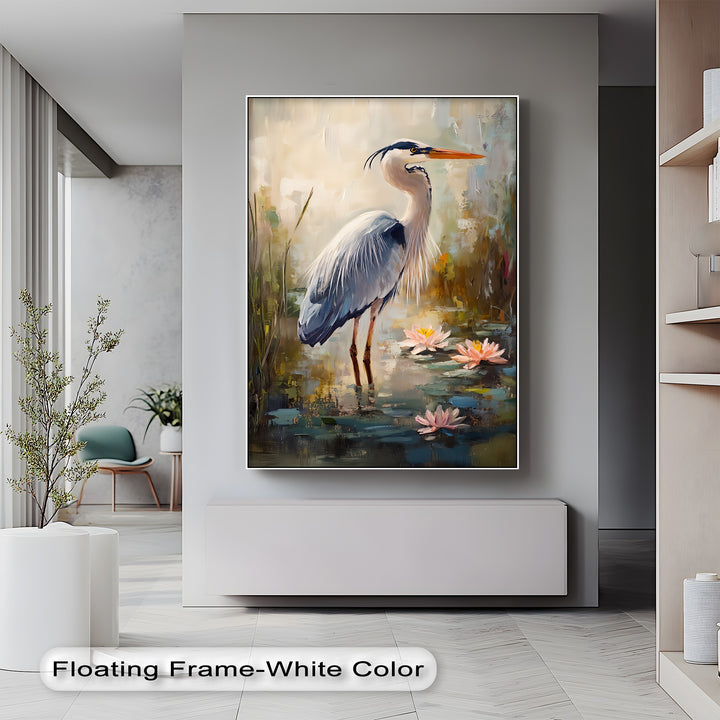 Graceful Heron Among Lilies – Serene Wildlife Canvas Print