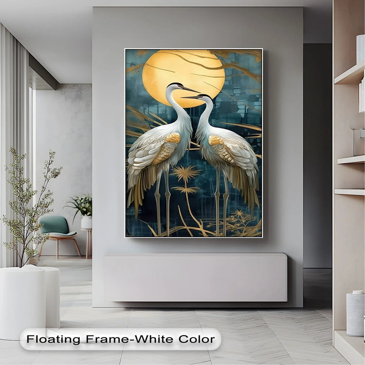 Moonlit Elegance – Golden Cranes Under Full Moon Canvas Print - MyPhotoStation