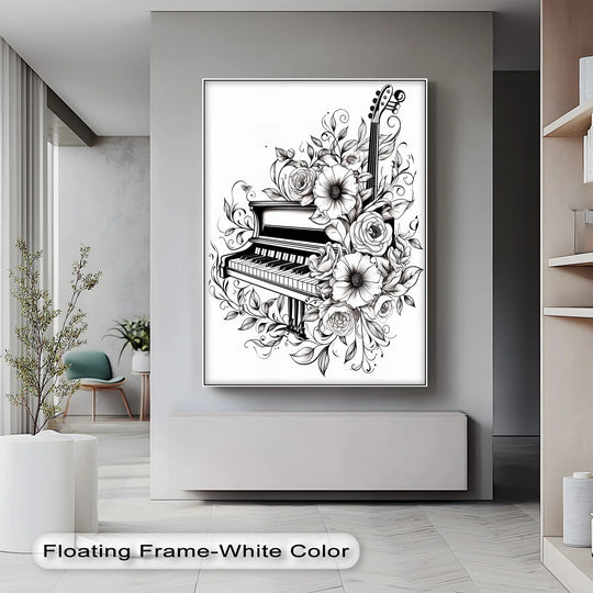 Symmetrical rectangles form the canvas artwork print, with the piano keys and guitar creating contrasting geometric lines amidst the floral designs.