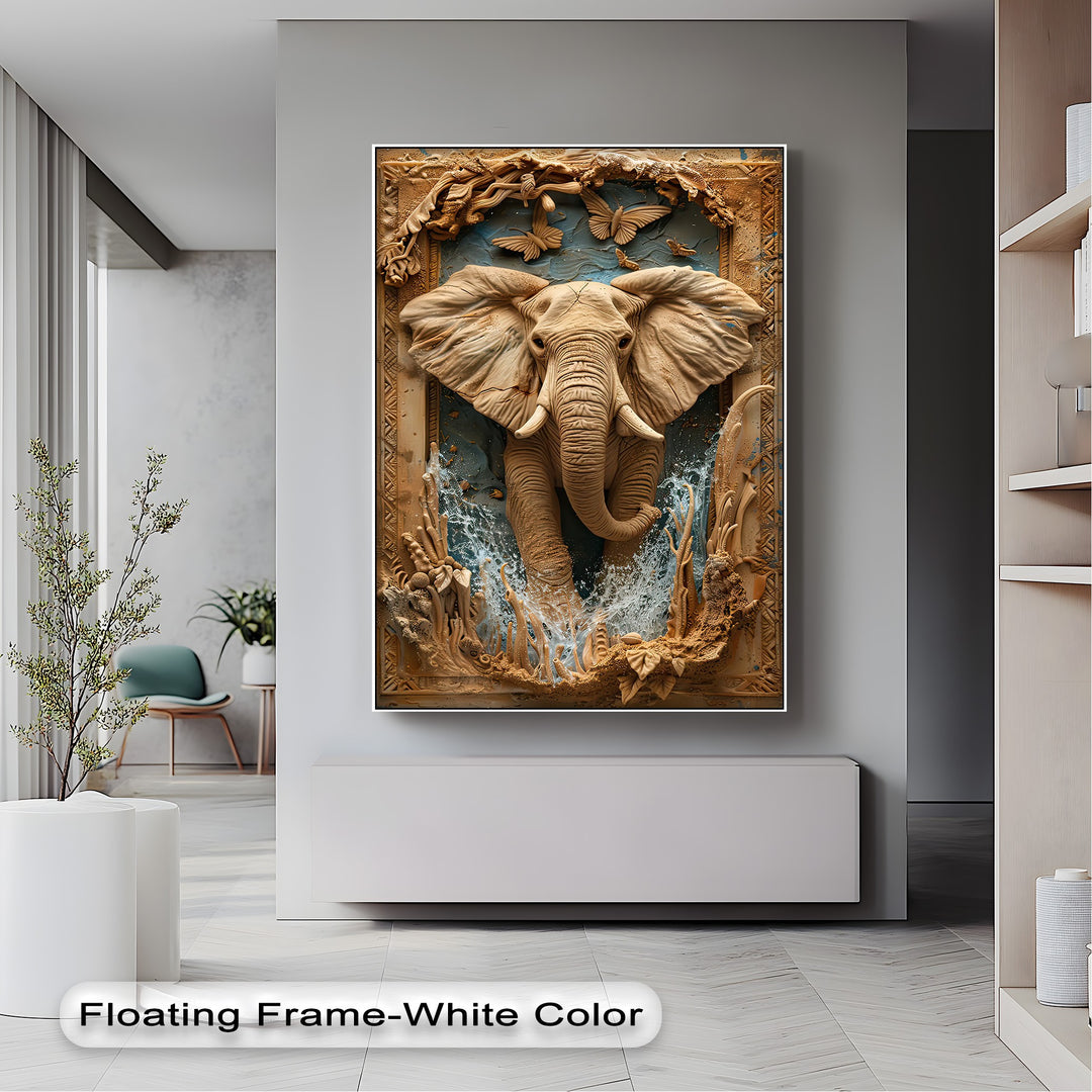 A vertically oriented rectangular canvas pictures print displays a majestic elephant with ornate details and a white floating frame.