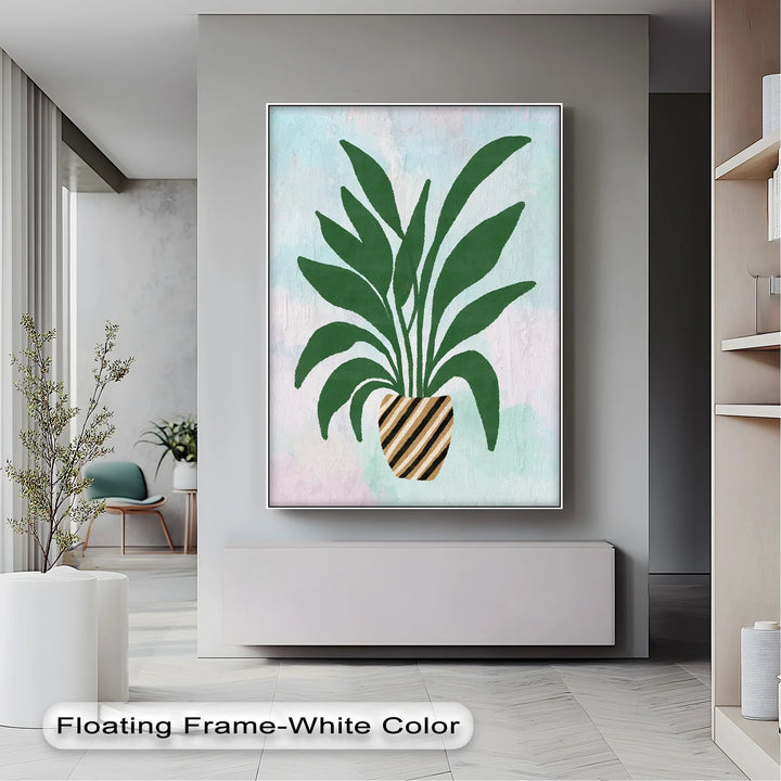 Striped Planter Botanical Art – Minimalist Green Leaf Canvas Print - MyPhotoStation