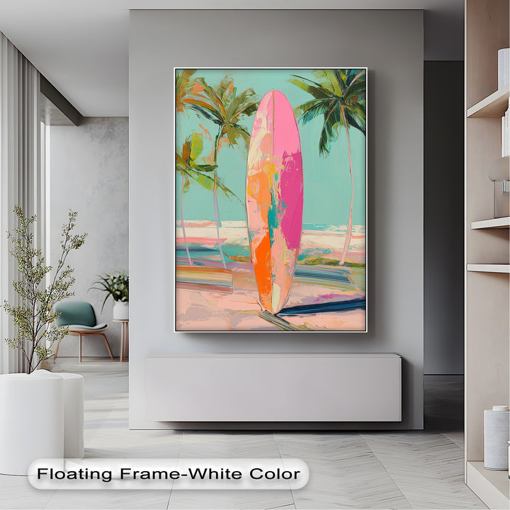 Sunset Ride – Vibrant Surfboard Beach Scene Canvas Print