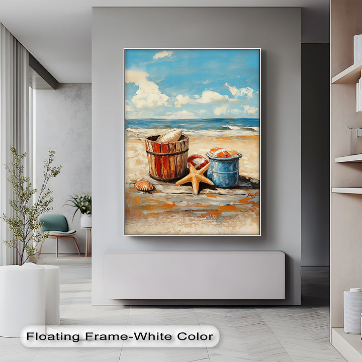 Beach Day Memories – Vibrant Coastal Bucket Scene Canvas Prints