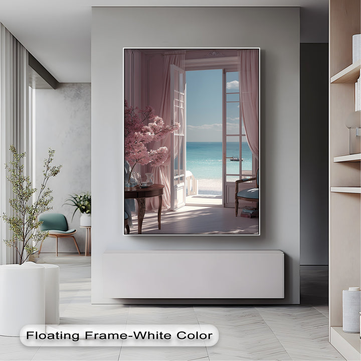 Seaside Serenity – Elegant Room with Ocean View Canvas Print