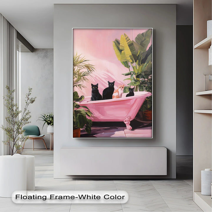 Four Cats in a Pink Bathtub – Playful Botanical Canvas Print - MyPhotoStation