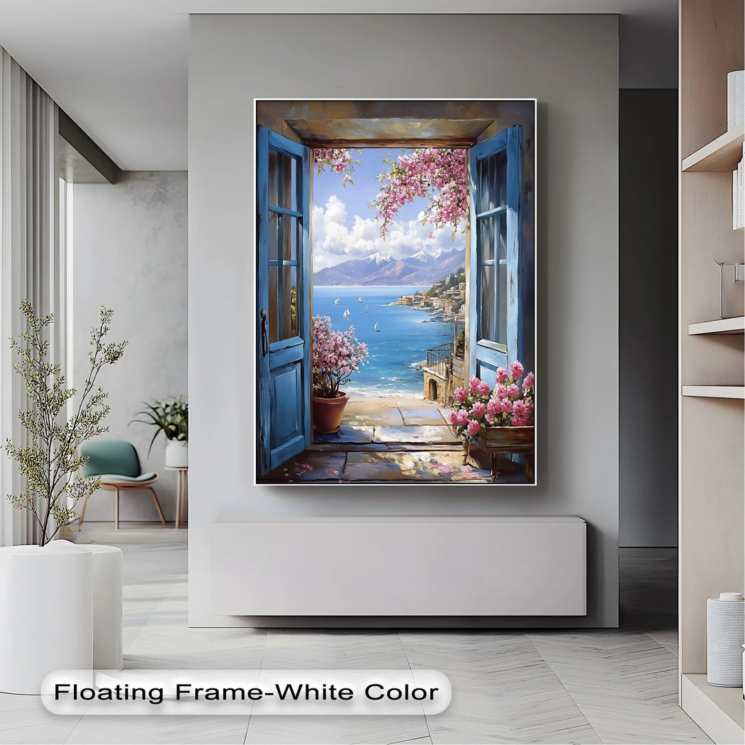 Mediterranean View – Open Window with Coastal Seascape Canvas Print - MyPhotoStation