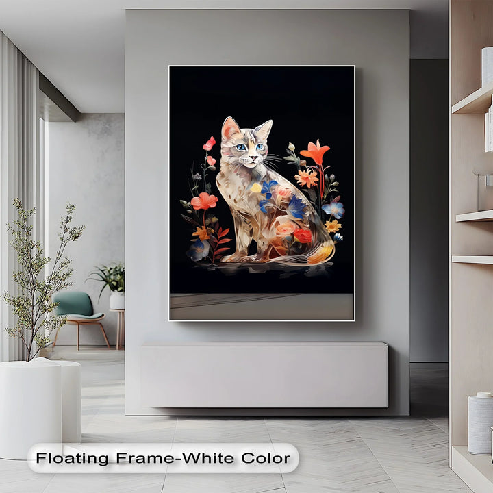 Botanical Gaze – Floral Patterned Cat with Blue Eyes Cat Canvas Print - MyPhotoStation