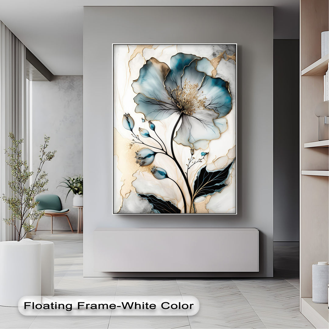 The realistic detail of the blue floral abstract flower canvas pictures presents intricate petals and shimmering golden accents.