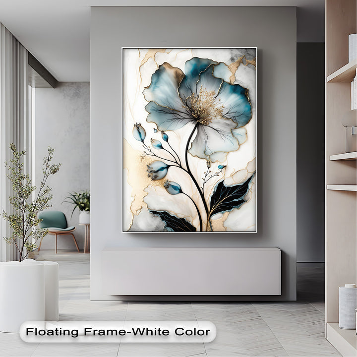 The realistic detail of the blue floral abstract flower canvas pictures presents intricate petals and shimmering golden accents.