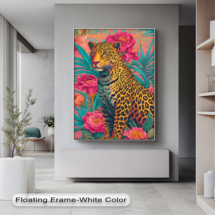 Regal Jungle Majesty – Vibrant Leopard in Floral Canvas Print