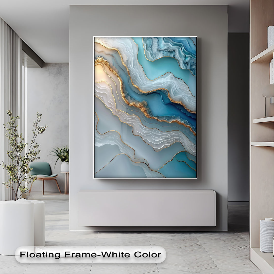 Light and shadow define the luminous gold and layered blue-green tones of this abstract marble canvas art, showcasing the best canvas prints.