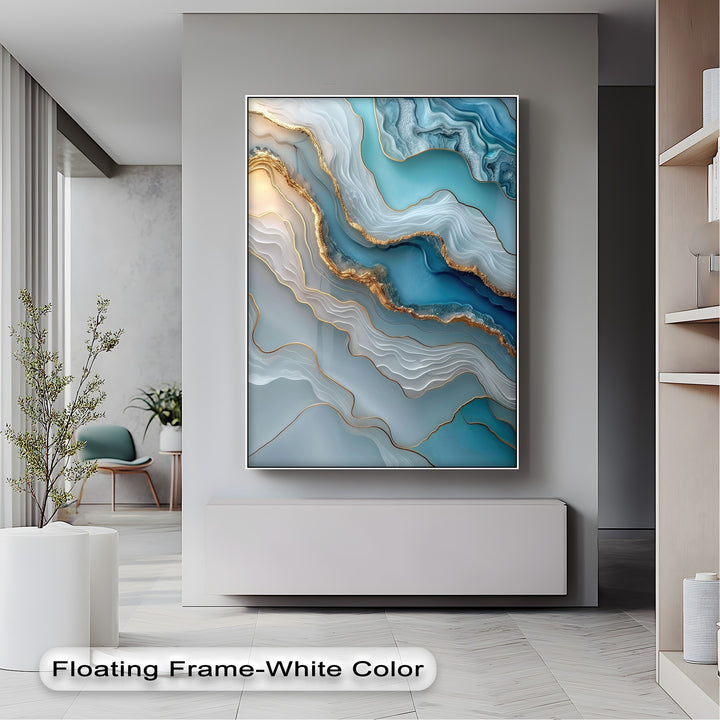 Light and shadow define the luminous gold and layered blue-green tones of this abstract marble canvas art, showcasing the best canvas prints.