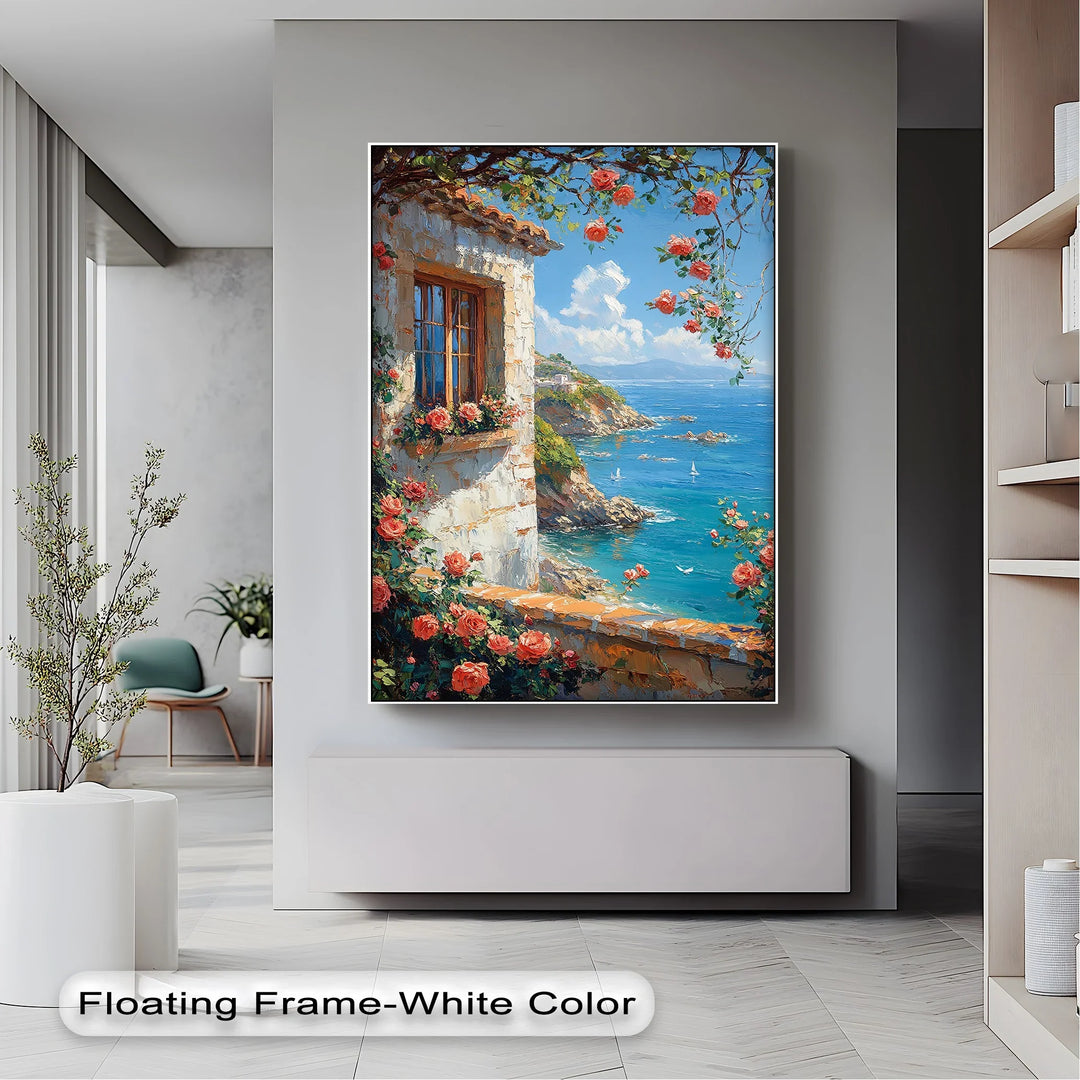 Seaside Roses View – Mediterranean Coast Window Canvas Print - MyPhotoStation