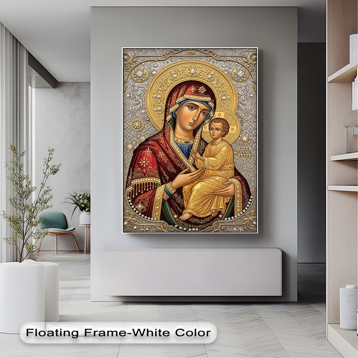 Gently flowing white curtains softly illuminate the modern space, beautifully complementing the exquisite Virgin Mary and Child premium canvas decor.