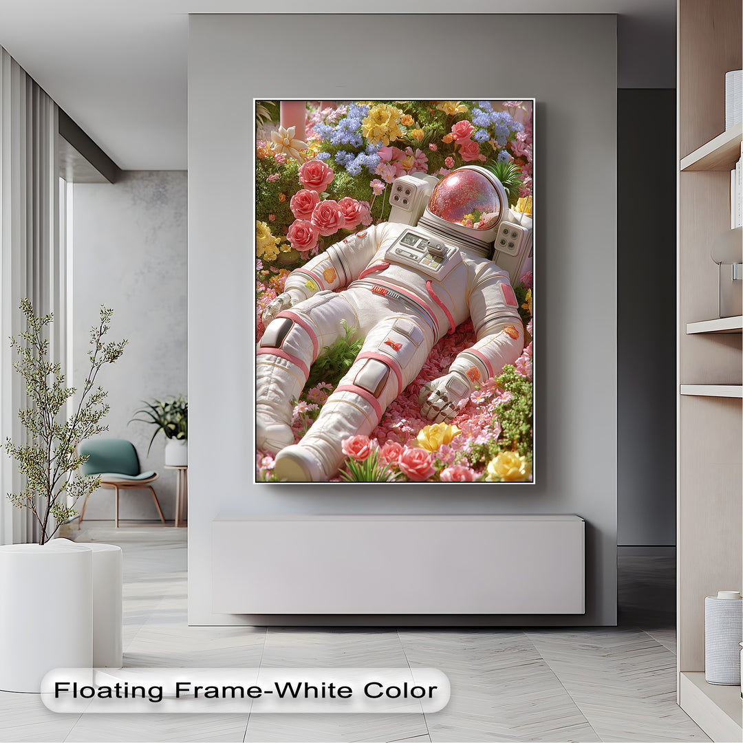 Astronaut Resting in a Garden of Flowers - Pink Canvas Print
