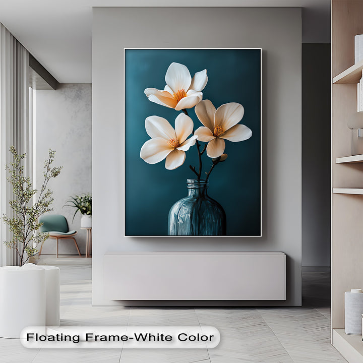 White Magnolia Trio in Teal – Elegant Floral Canvas Prints