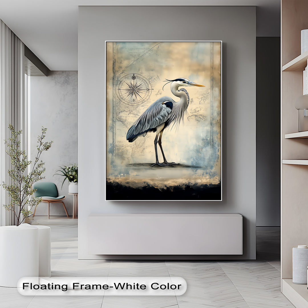 Navigational Heron – Vintage Map Inspired Bird Canvas Print