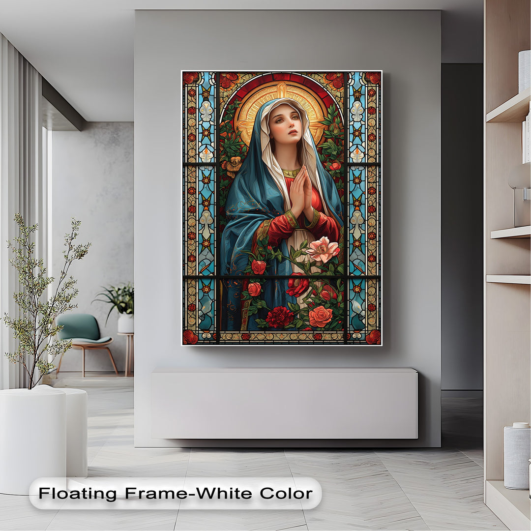 Revealing impressive depth and vivid layers, this canvas painting captures a Stained Glass Mary amidst intricate religious floral wall art.