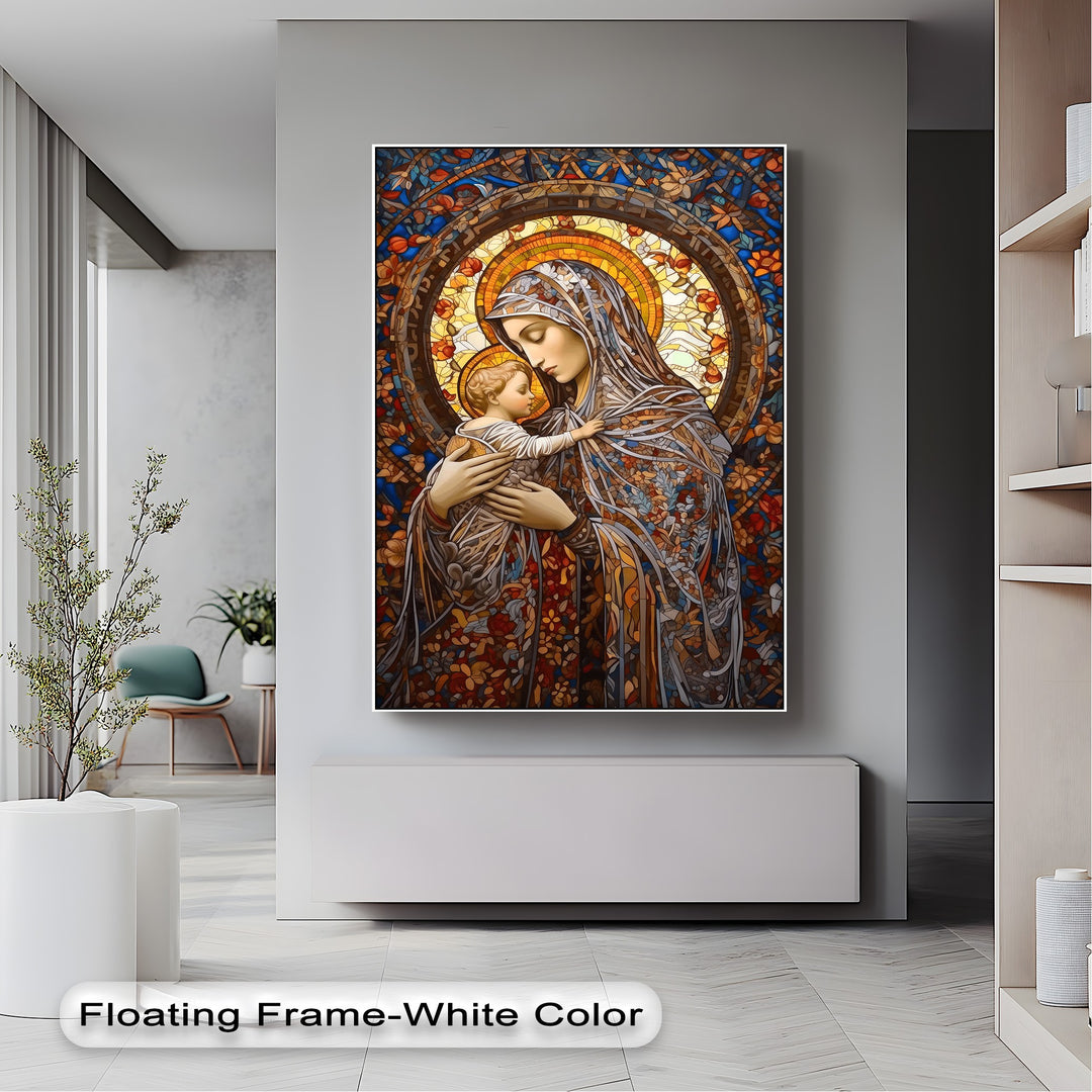 The exceptional material quality of this Stained Glass Madonna canvas art print vividly captures the intricate, lustrous details of the Virgin Mary and Child wall art.