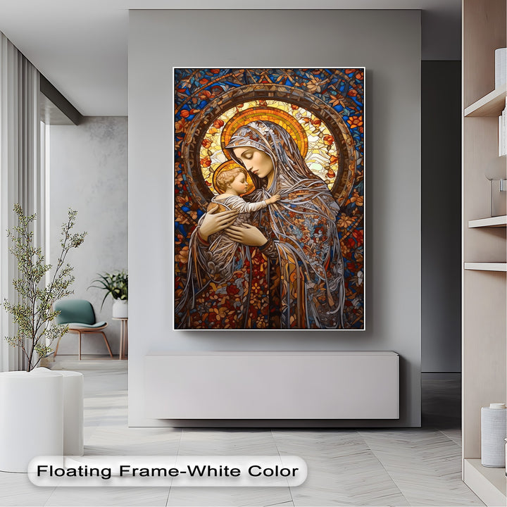 The exceptional material quality of this Stained Glass Madonna canvas art print vividly captures the intricate, lustrous details of the Virgin Mary and Child wall art.