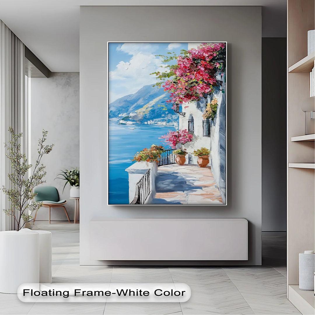 Sunlit Balcony by the Amalfi – Seaside Floral Canvas Print