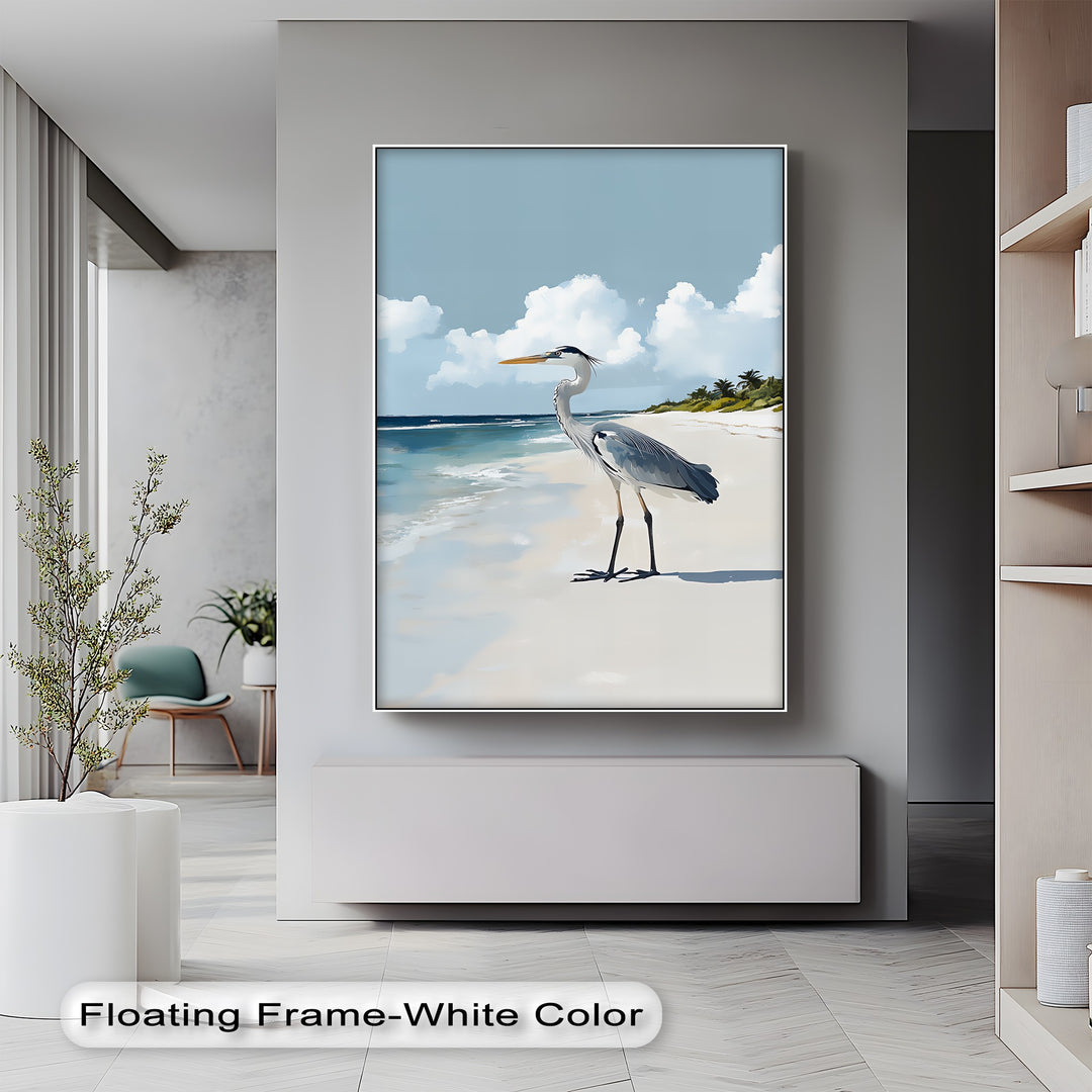 Coastal Heron Under Blue Skies – Tropical Beach Canvas Print