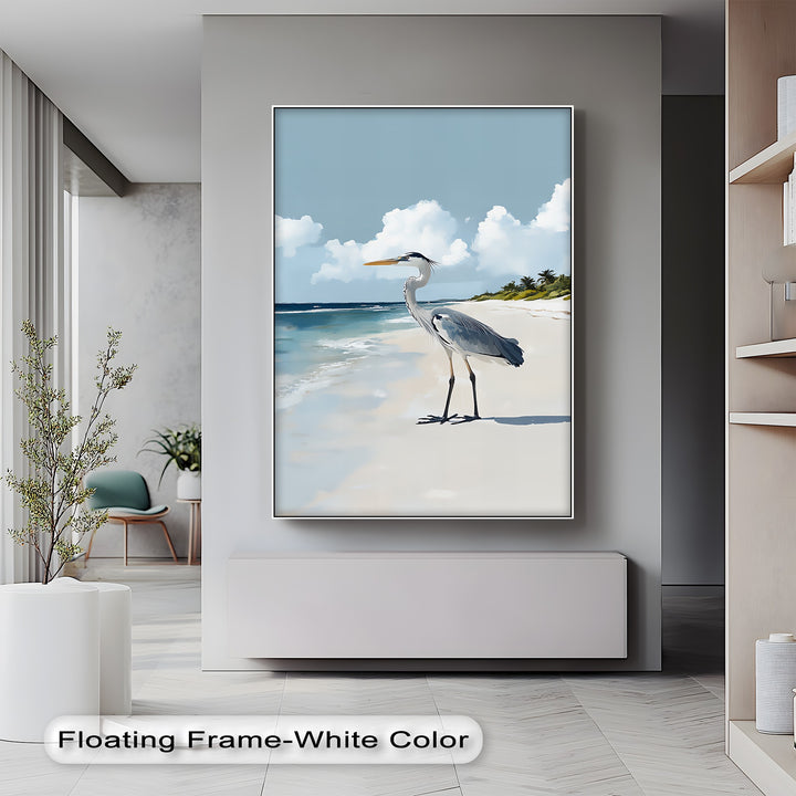 Coastal Heron Under Blue Skies – Tropical Beach Canvas Print