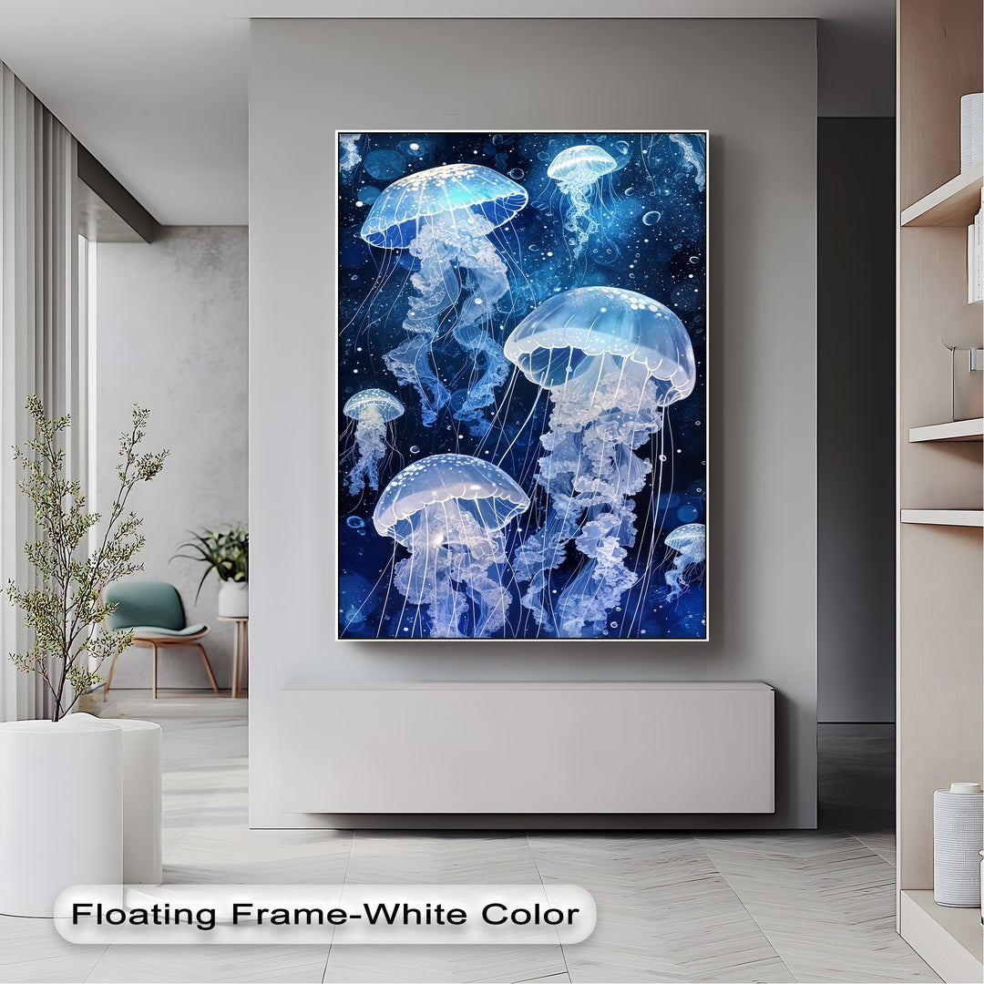 A captivating unique canvas print featuring luminous, ethereal blue jellyfish gracefully glowing within a vibrant deep ocean environment.